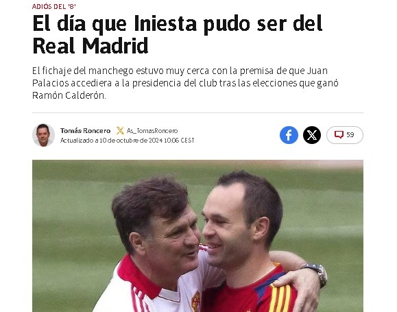 Roncero: Iniesta là fan Real Madrid, Camacho từng cố thuyết phục gia nhập